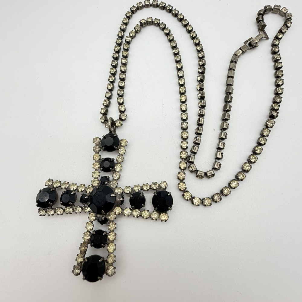 Vtg Art Deco Rhinestone Cross Pendant Necklace Read